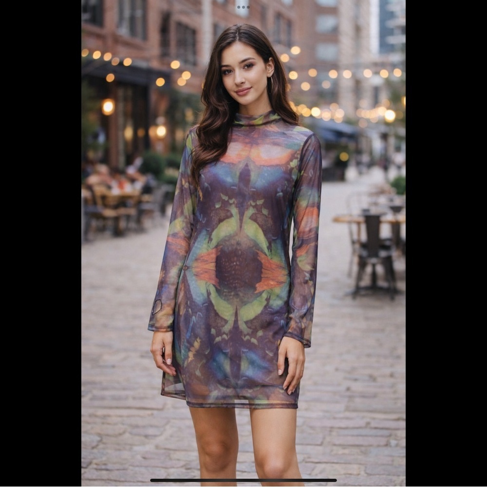 AKIRA Sheer Mesh Butterfly Print Long Sleeve Mini Dress 2X